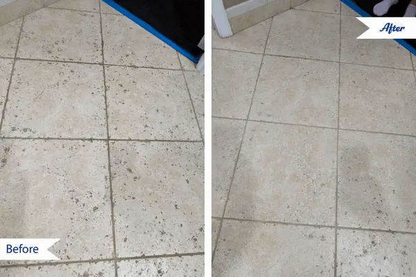 Before and after tile floor cleaning; dirty tiles on the left, clean tiles on the right.