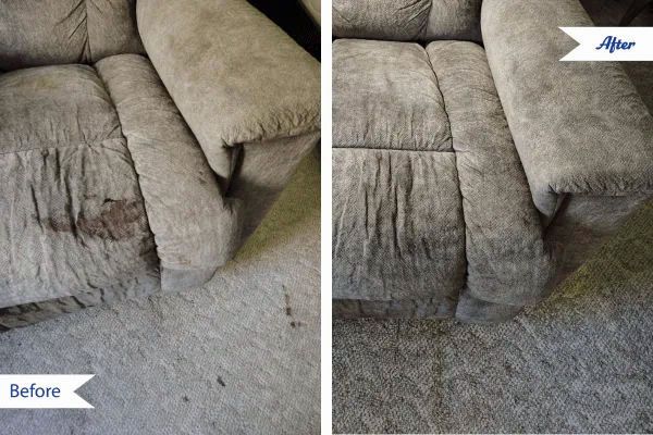Before and after of a beige upholstered recliner. The left side shows a stain; the right side is clean.