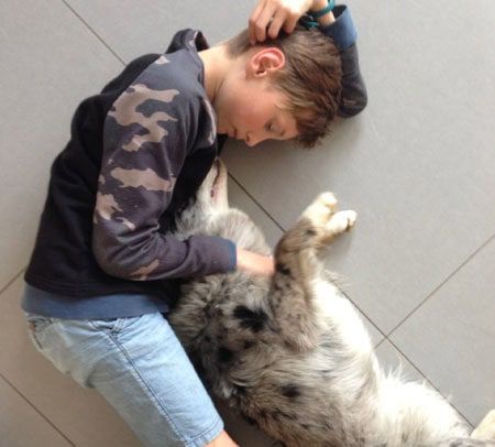 Boy lying on the floor with a dog, embracing it. Boy is wearing jeans and a camo hoodie; dog has blue-grey fur.