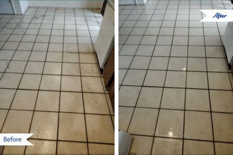 Before and after photos of a tiled floor cleaning. The