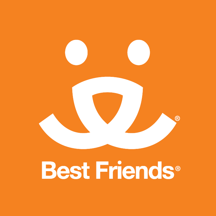 Orange square with a white logo featuring a stylized dog face and the text