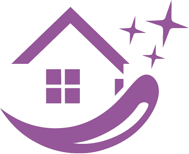 Purple logo of a house with a window and sparkles, along with a curved, swooping leaf.