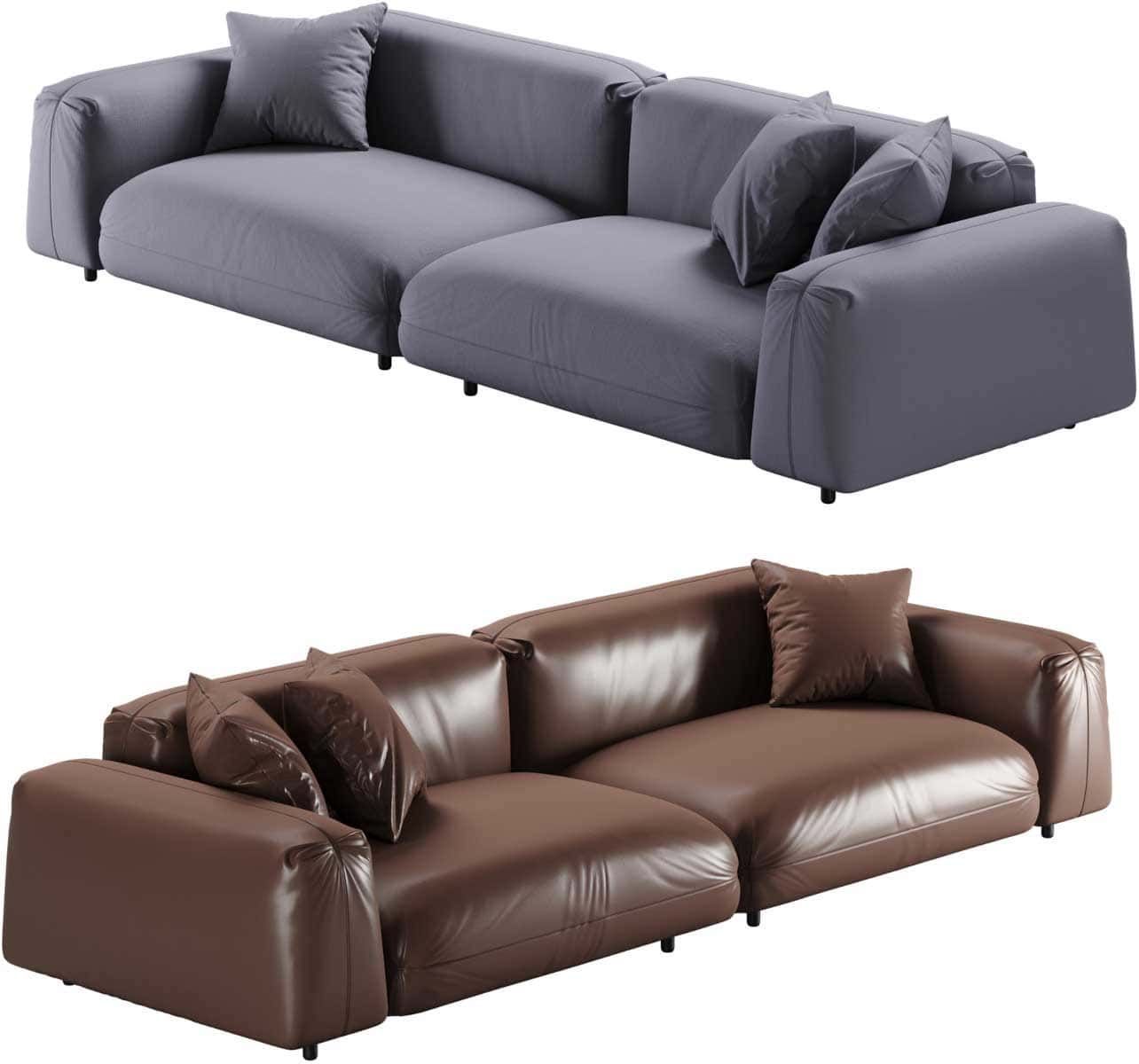 Two modern sofas, one gray, one brown. Each has a wide, low profile with attached armrests and pillows.