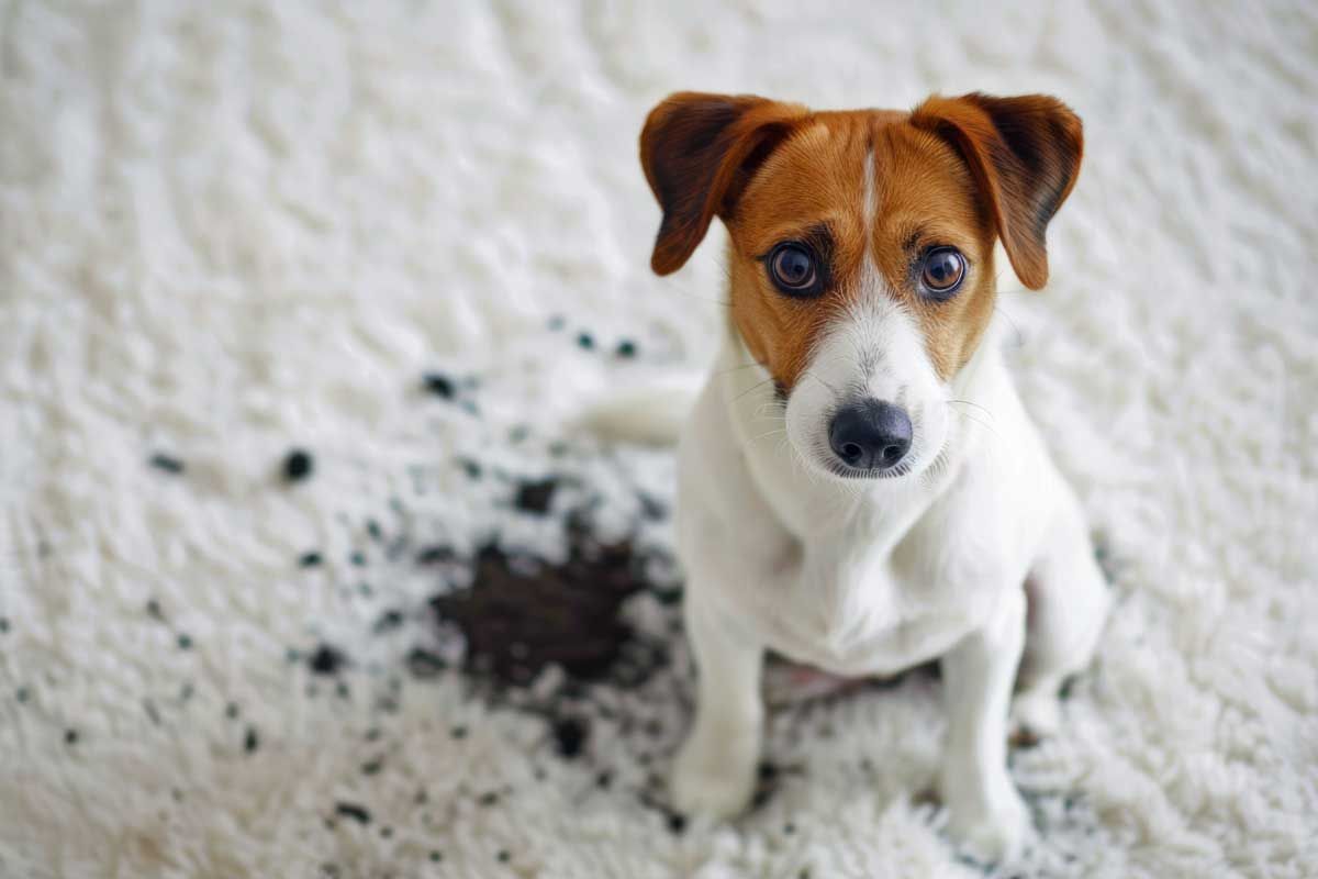 Jack Russell Terrier sits on a white carpet next to a dark stain, looking guilty.