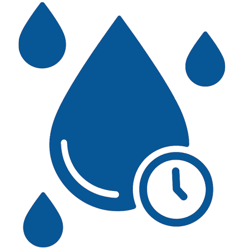 Blue water droplets with a clock icon, possibly indicating a faster drying time