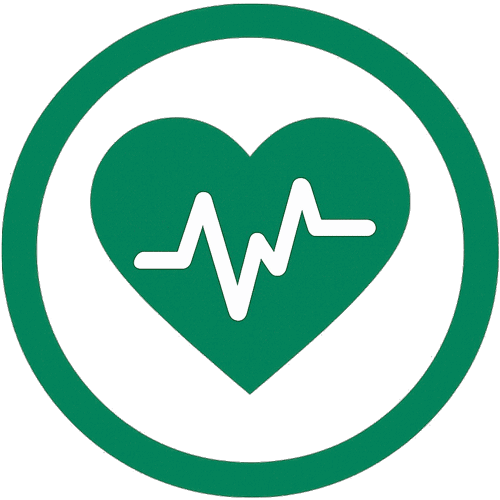 Green heart with white EKG line inside a green circle.