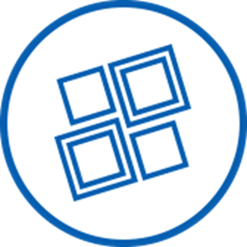 Blue circle with four connected, outlined squares, representing a grid.