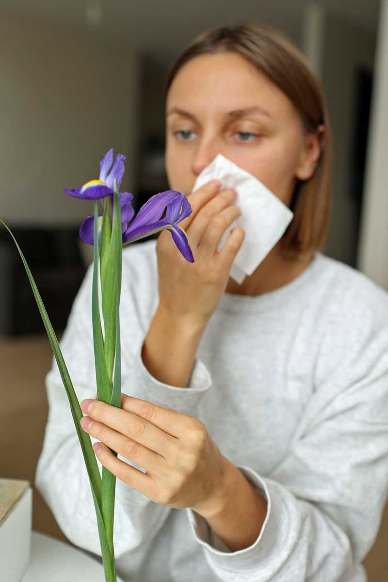 Woman with fair skin holding a purple iris and tissue to her nose, likely experiencing allergies.