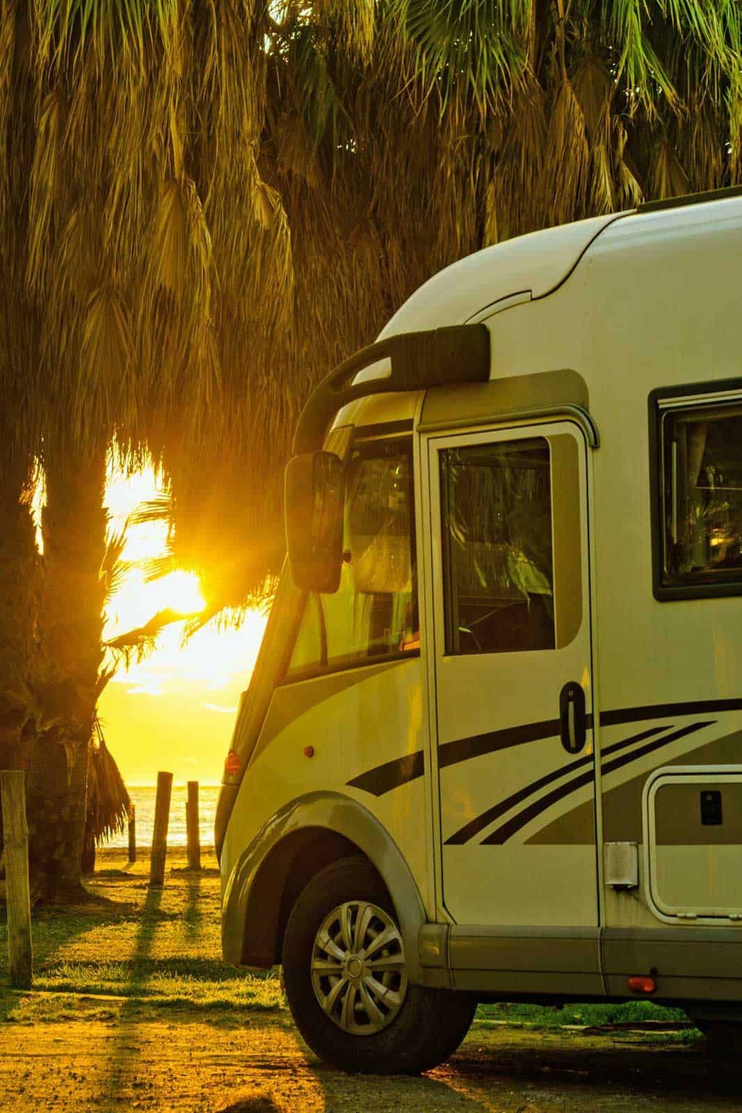 A Chem-Dry van parked near the beach at sunset, with palm trees silhouetted in the golden light.