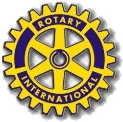 Rotary International logo: A yellow gear with a blue band containing 