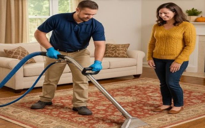 A Chem-Dry technician is demonstrating rug cleaning with a vacuum to a customer.