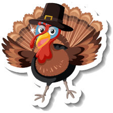 Cartoon turkey wearing a pilgrim hat, with spread feathers and happy expression.