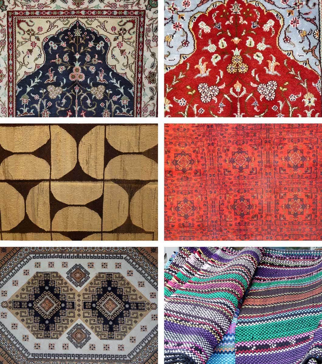 Different types of area an oriental rugs in various colors