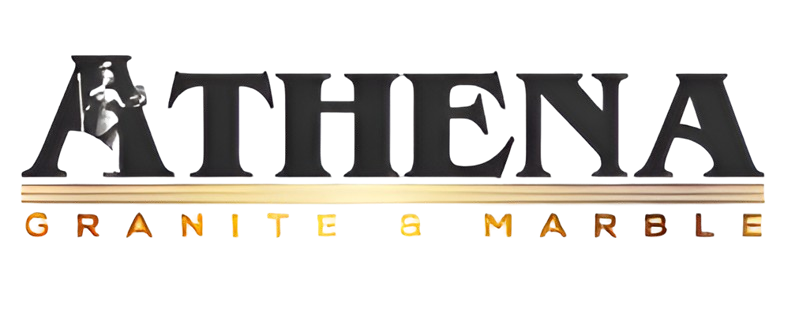 Athena Granite & Marble logo: Black text with a silhouette of a person in the "A". Gold-colored lines and text.