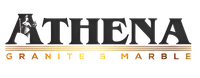 Athena Granite & Marble logo: Black text with a silhouette of a person in the "A". Gold-colored lines and text.