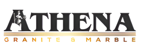 Athena Granite & Marble logo: Black text with a silhouette of a person in the "A". Gold-colored lines and text.