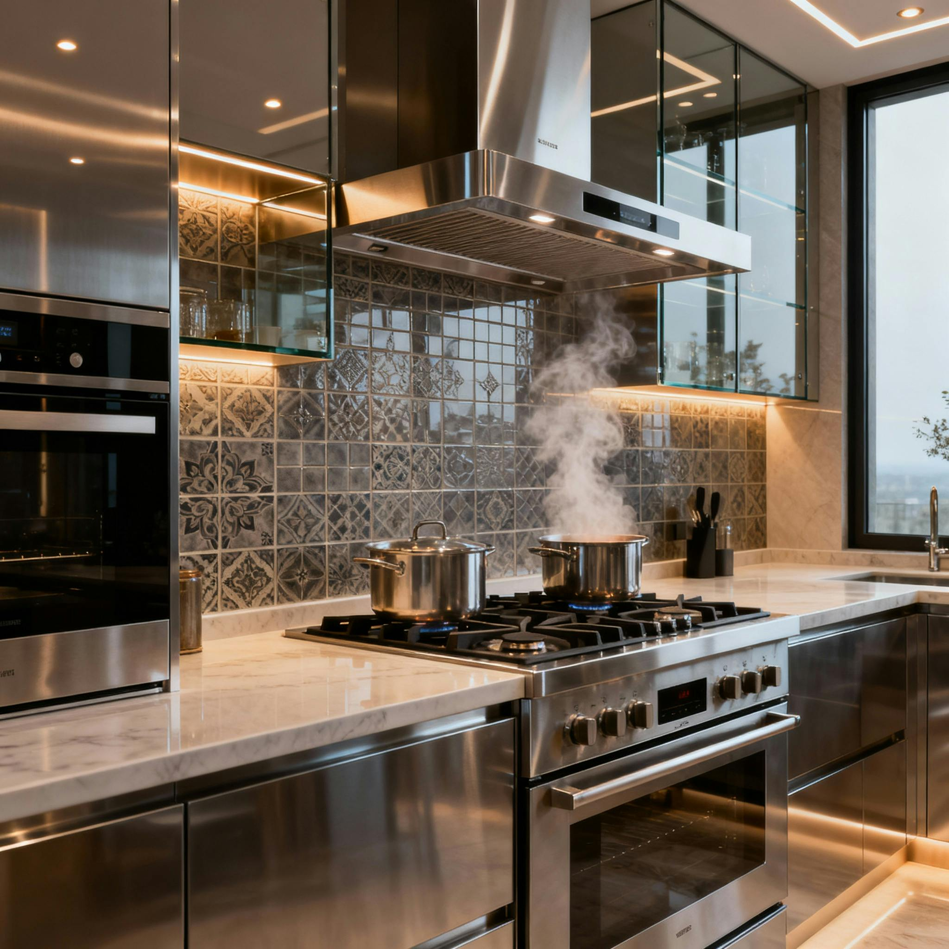Modern kitchen with stainless steel appliances, stove with pots steaming, and patterned backsplash.