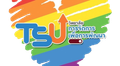 A rainbow colored background with a tsu logo on it