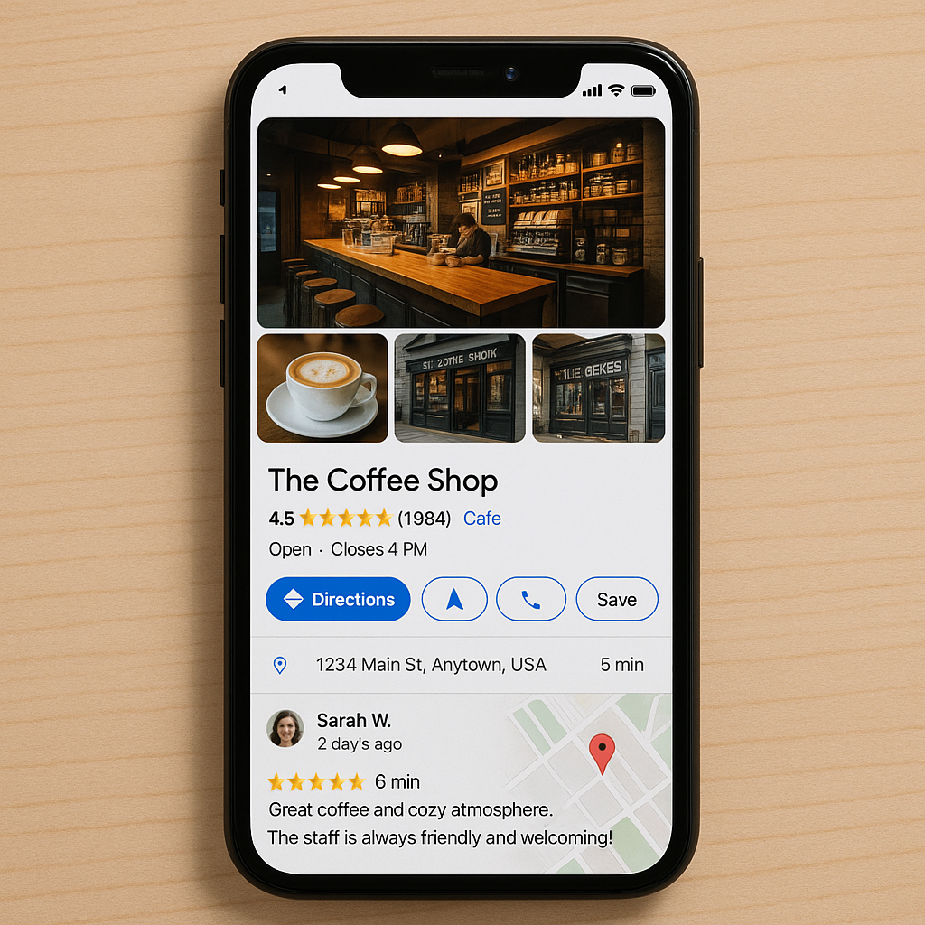 A cell phone displaying the coffee shop on a wooden table.