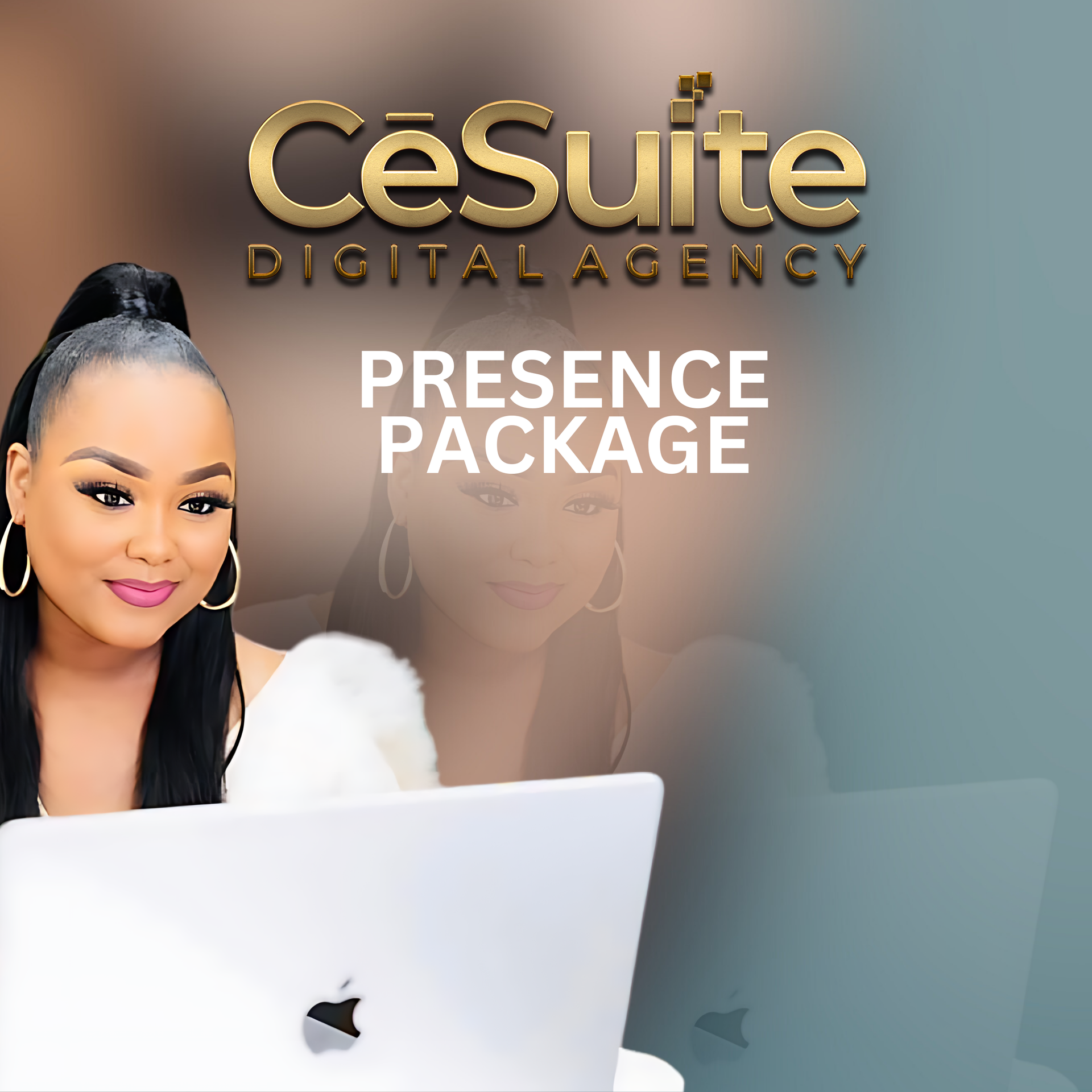 A woman is sitting in front of an apple laptop with a cesuite digital agency logo behind her