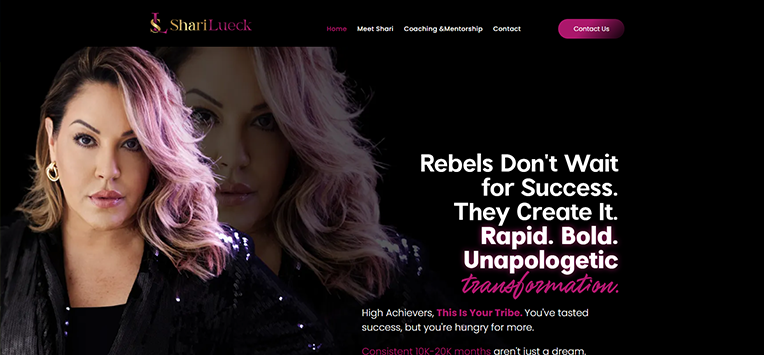 A woman with pink hair is on the homepage of a website.