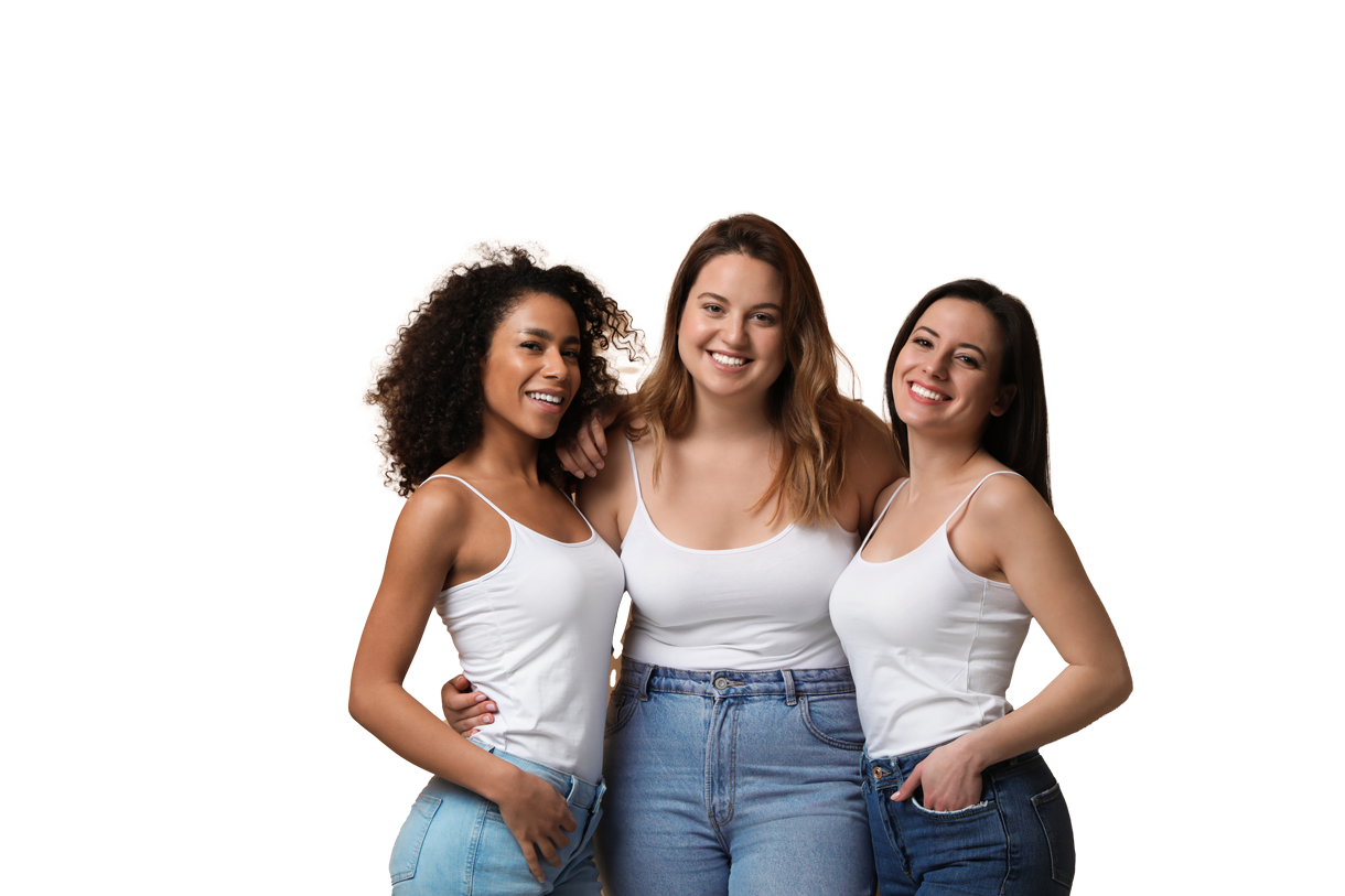 Three women in white tank tops and jeans smile, arm in arm against a white background. Three women in white tank tops and jeans smile, arm in arm against a white background.