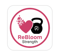 Logo: Pink heart and floral design, black kettlebell, and text