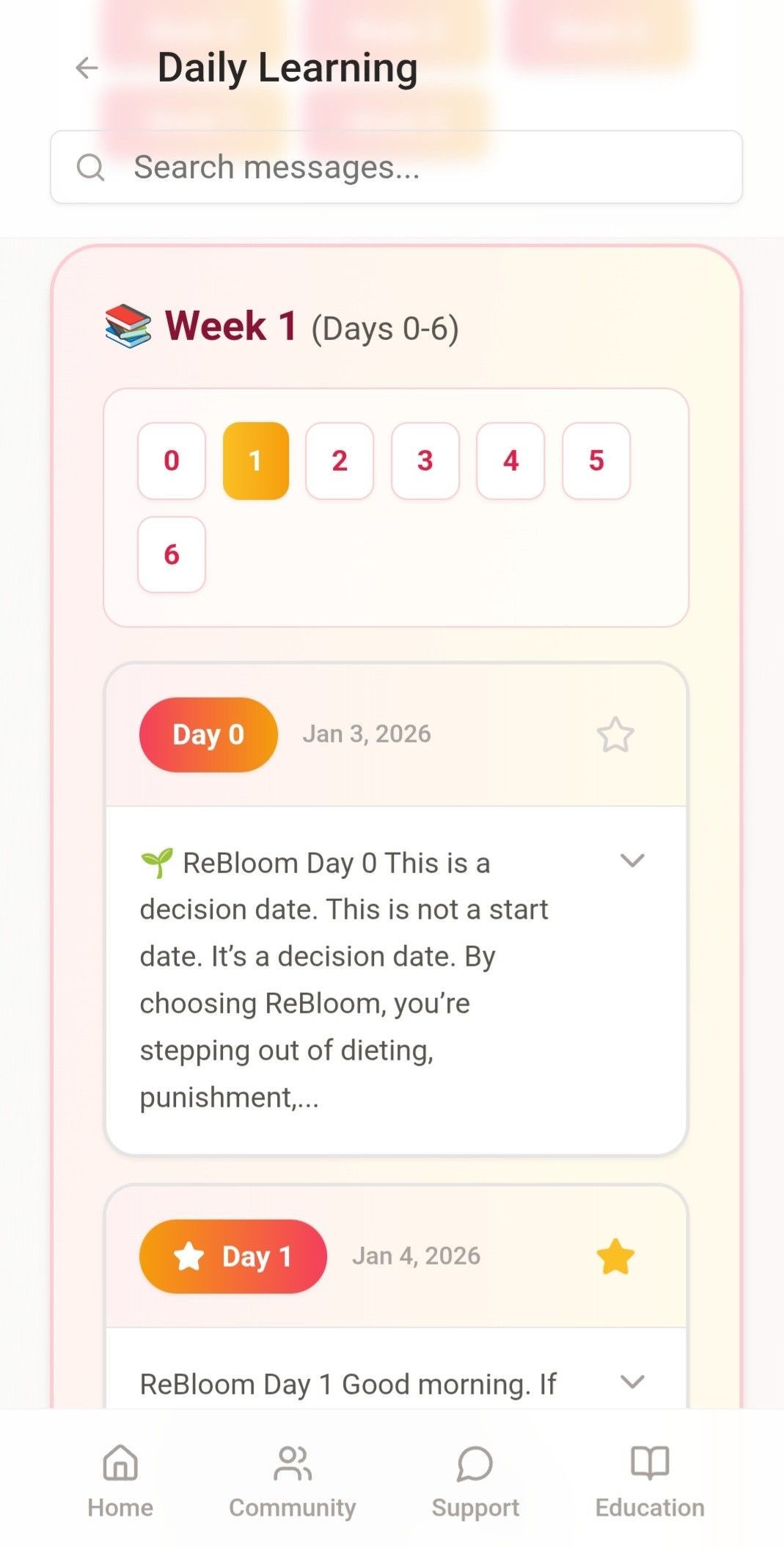 Daily learning app screen. Week 1 with day tabs. A lesson card is displayed. Daily learning app screen. Week 1 with day tabs. A lesson card is displayed.