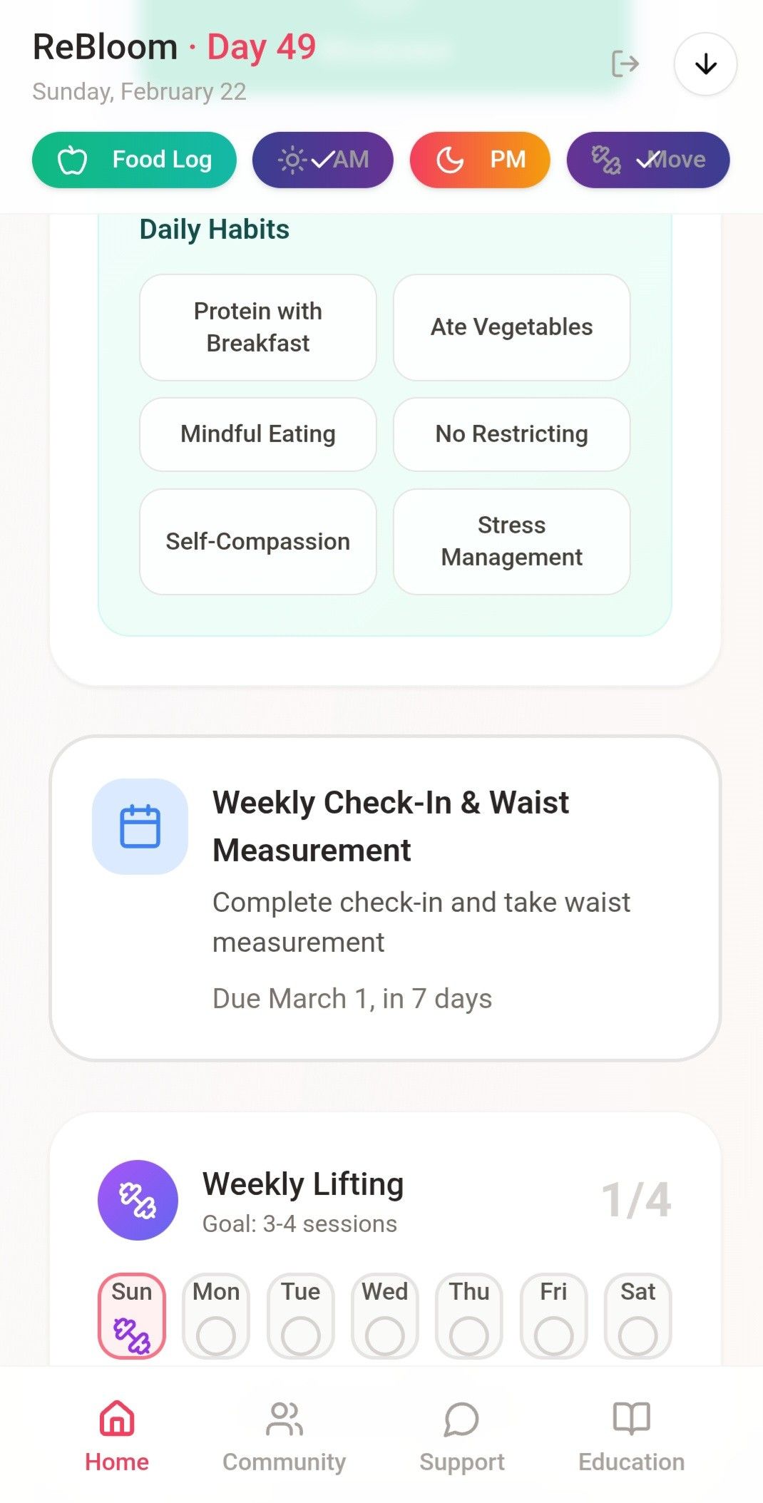 Mobile app showing tasks: check-ins, tasks, and weekly listing. Buttons in teal, purple, orange, and gray. Mobile app showing tasks: check-ins, tasks, and weekly listing. Buttons in teal, purple, orange, and gray.