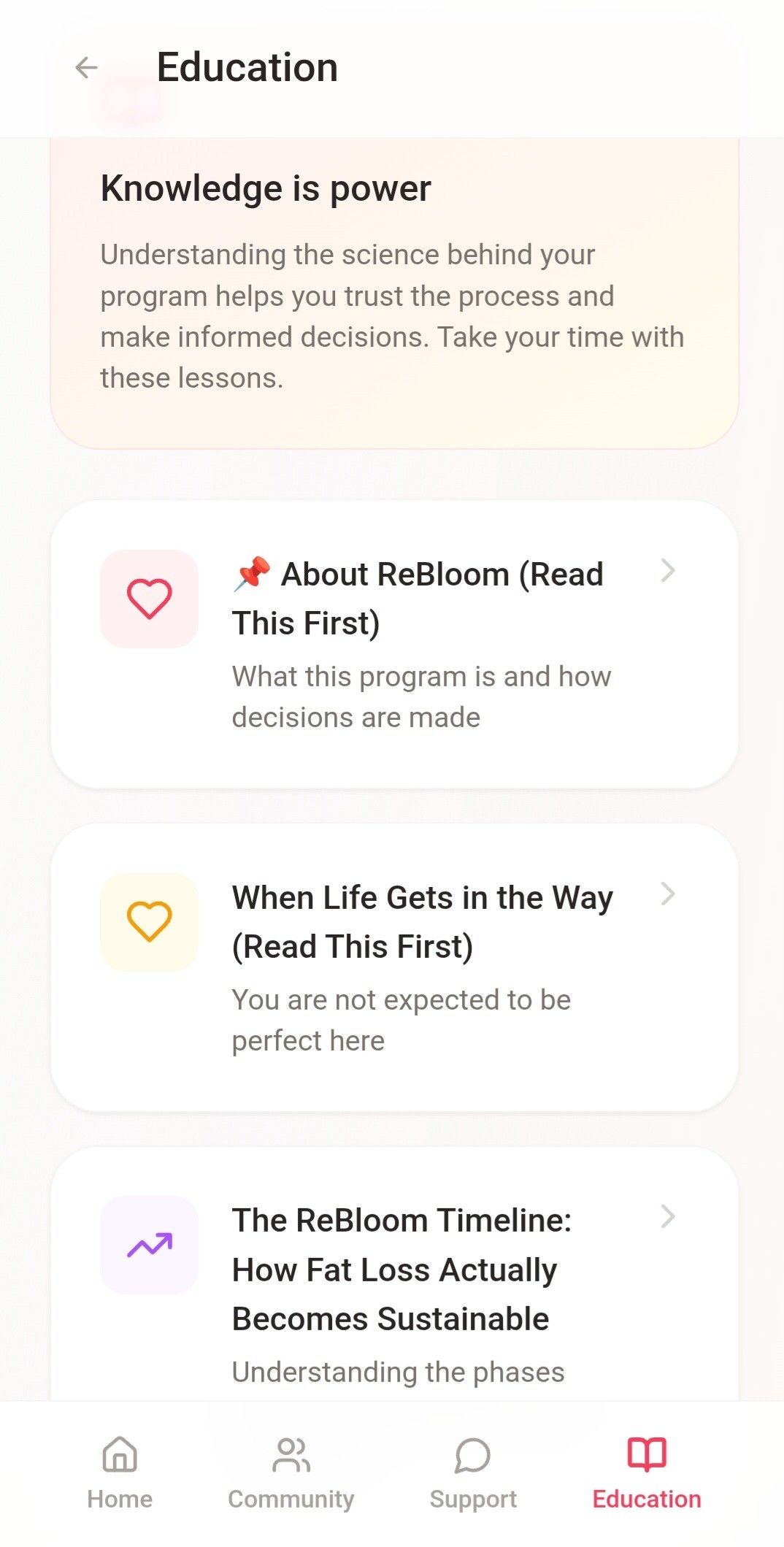 Mobile app screen about education; lists programs for self-improvement and well-being. Mobile app screen about education; lists programs for self-improvement and well-being.