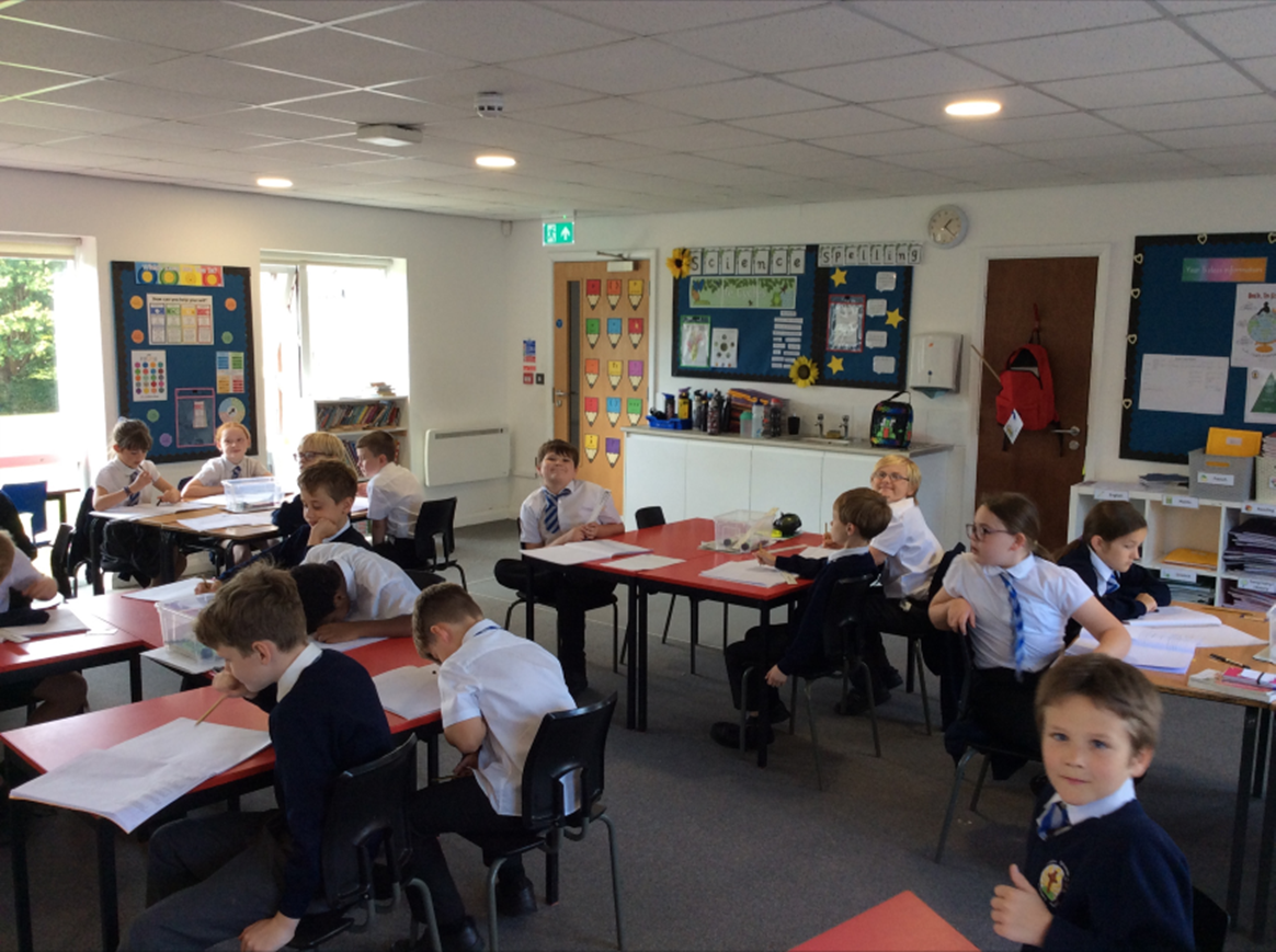 A group of children are sitting at tables in a classroom