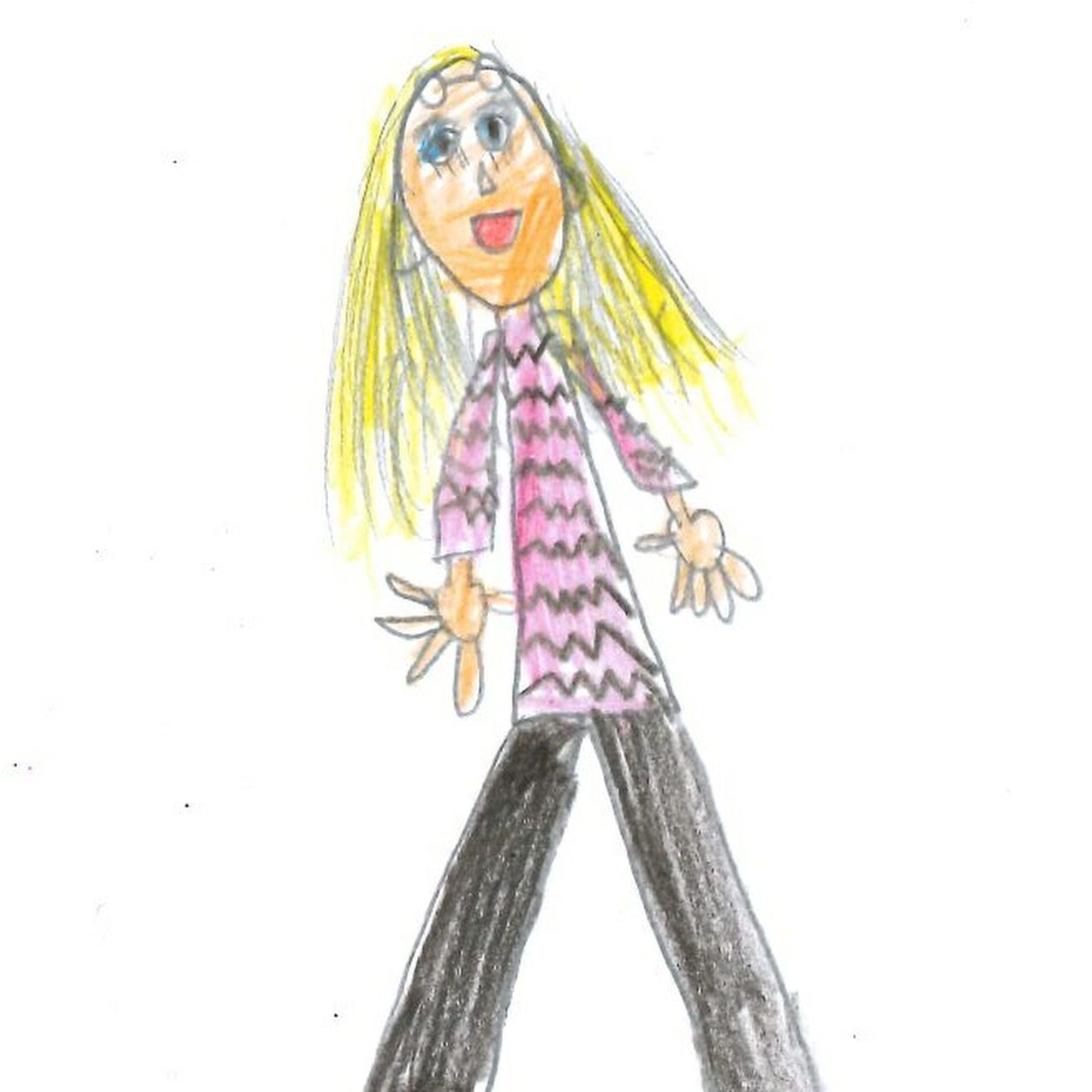 Blond-haired person in blue checked dress with an ID badge.