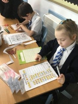 Children in school uniforms working at desks. One girl points to a chart. Boy writes.