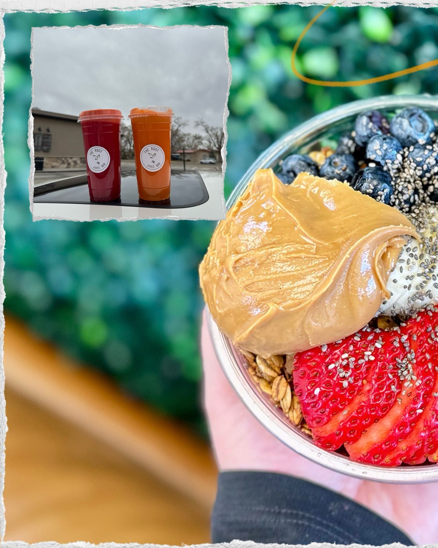 A person holds an acai bowl with strawberries, blueberries, and peanut butter, with two drinks visible in the background.