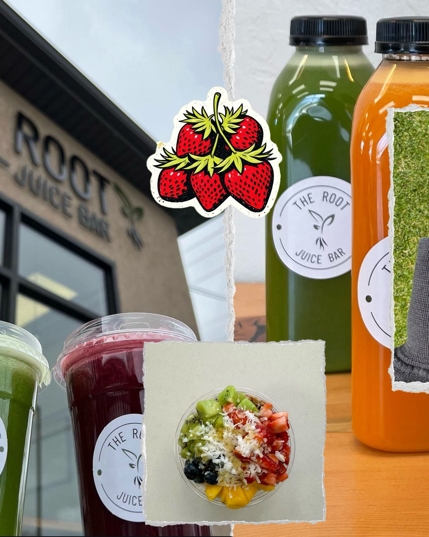 Collage showing various fruit juices, a fruit bowl, and the exterior of The Root Juice Bar.