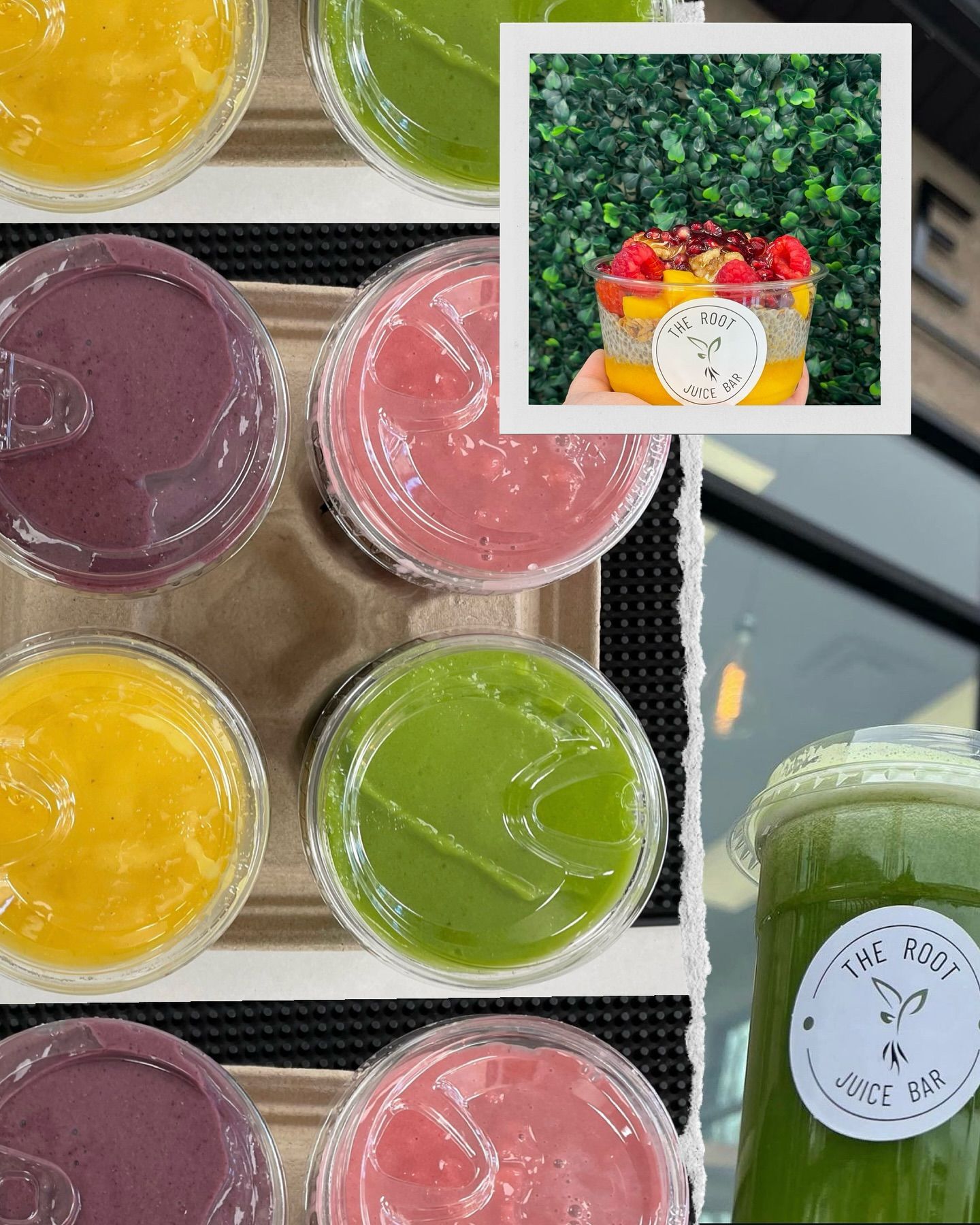 Colorful fruit smoothies in cups, arranged in a grid with one close-up of a layered fruit parfait at "The Root Juice Bar."