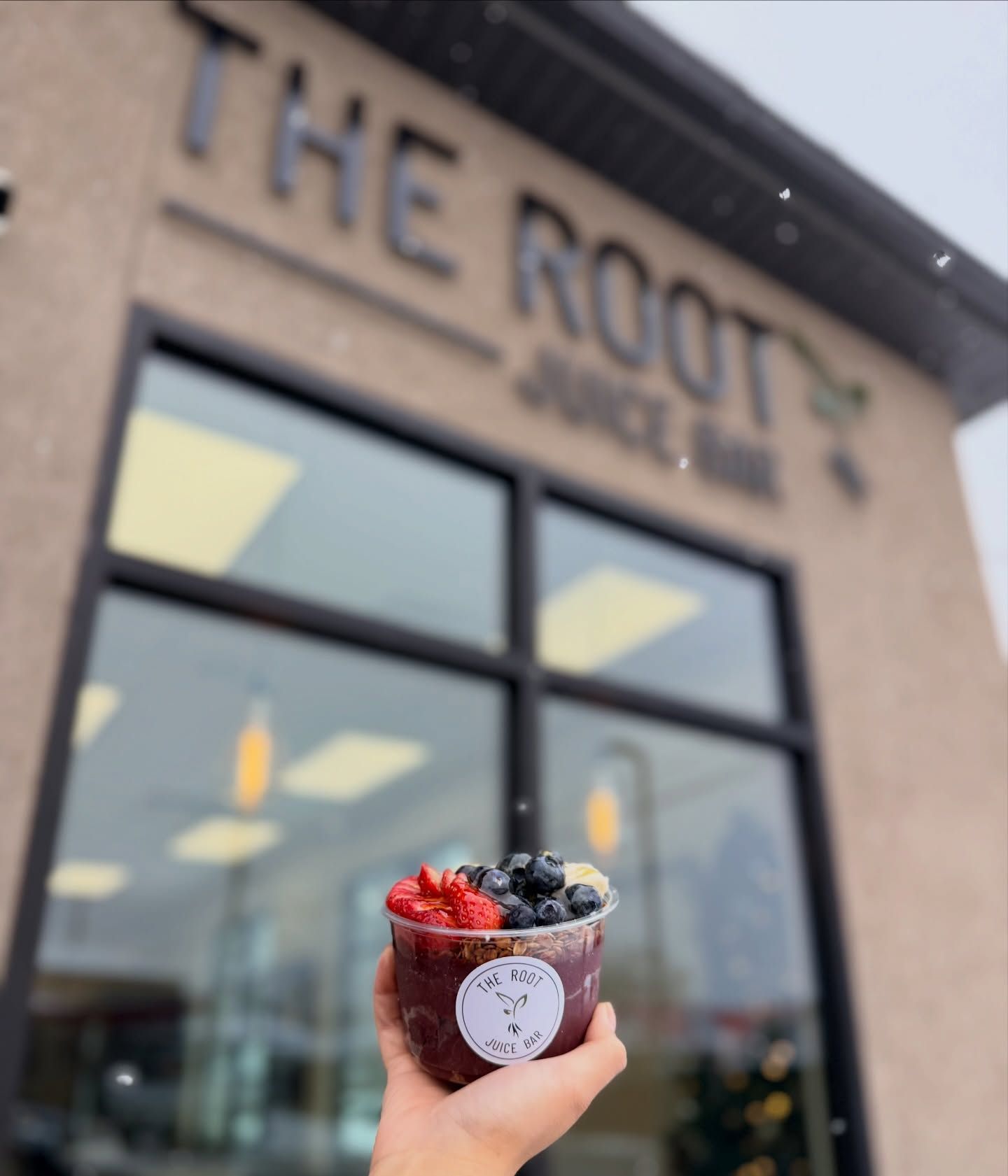 A hand holds an acai bowl topped with berries in front of 