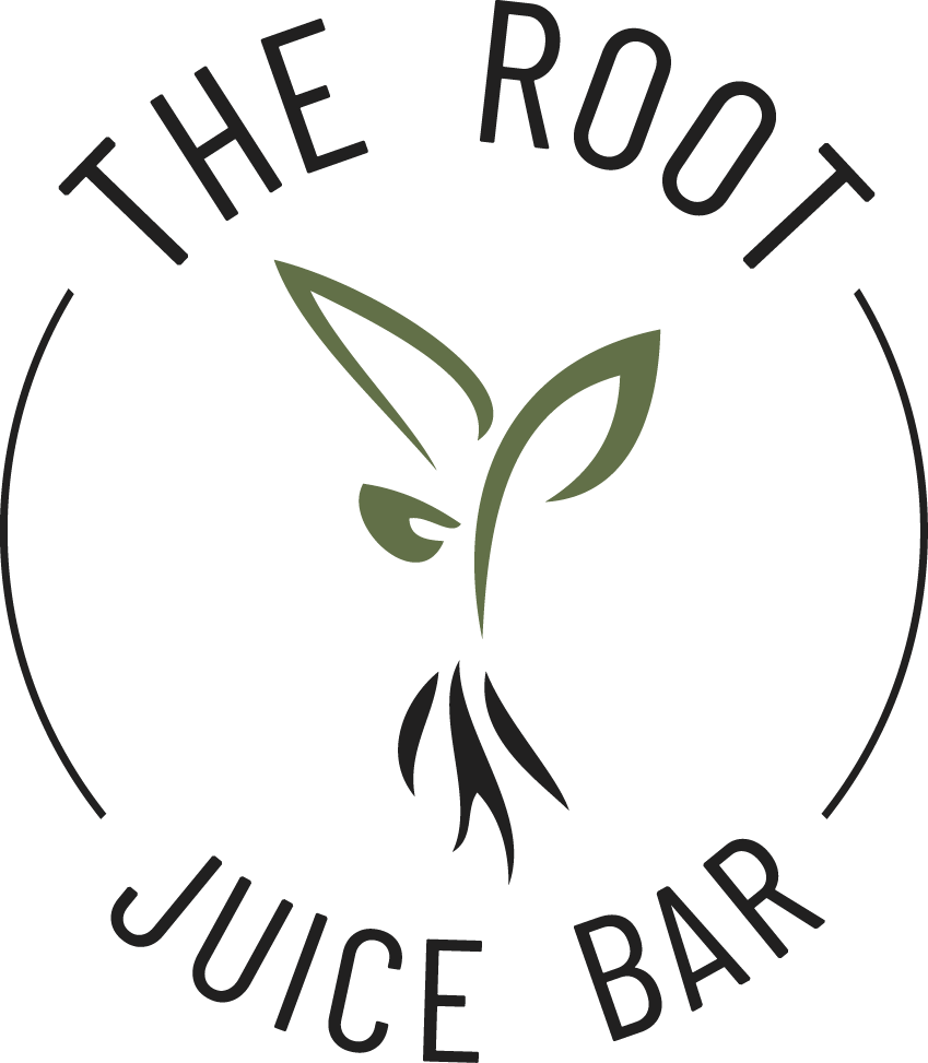 Logo for The Root Juice Bar featuring a green sprout with roots inside a circle, with text curved along the border.