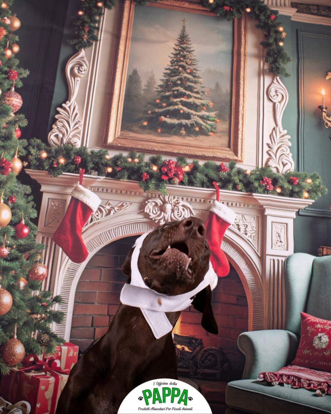 Cane con collare bianco e sciarpa davanti a un camino decorato e a un albero di Natale.