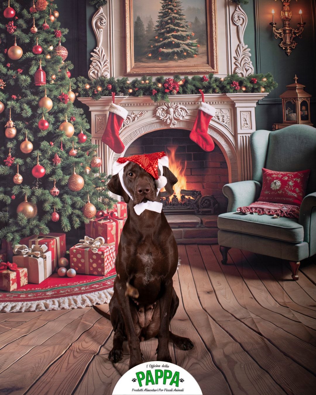 Un cane con cappello da Babbo Natale e papillon è seduto davanti all'albero di Natale e al camino.