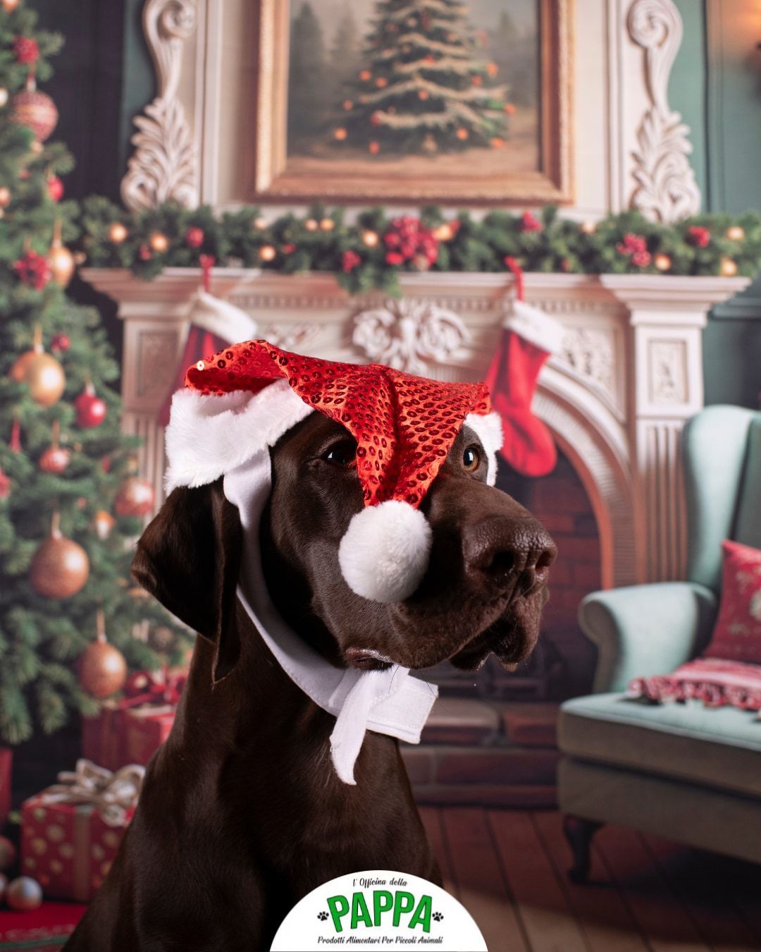 Cane marrone con cappello e collare da Babbo Natale davanti all'albero di Natale e al camino.