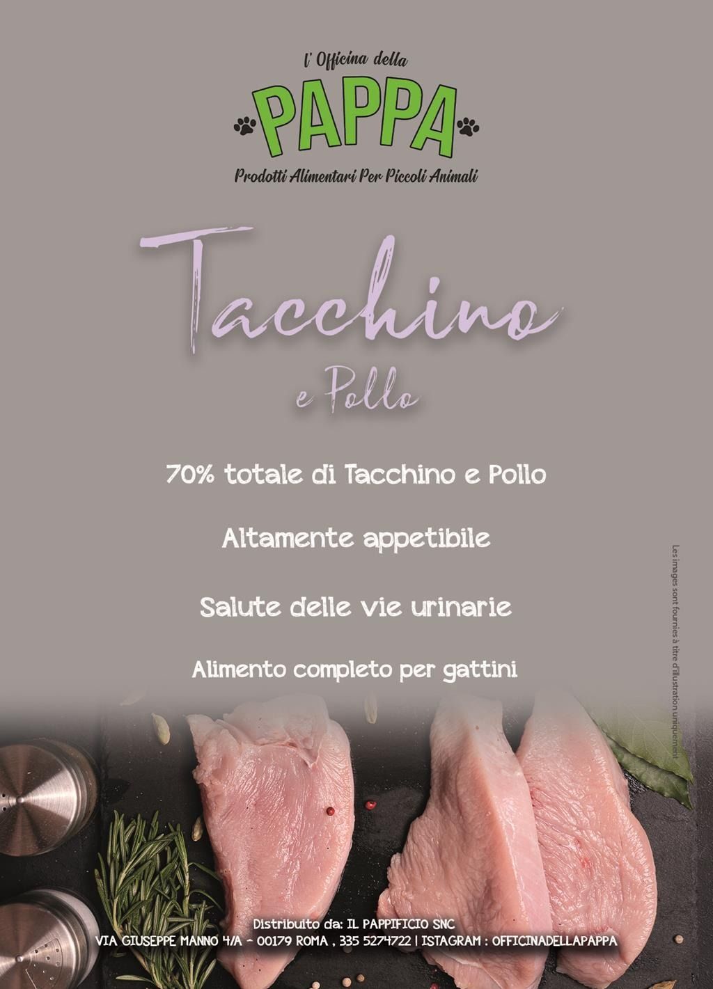 Volantino promozionale per cibo per gatti, con tacchino e pollo.