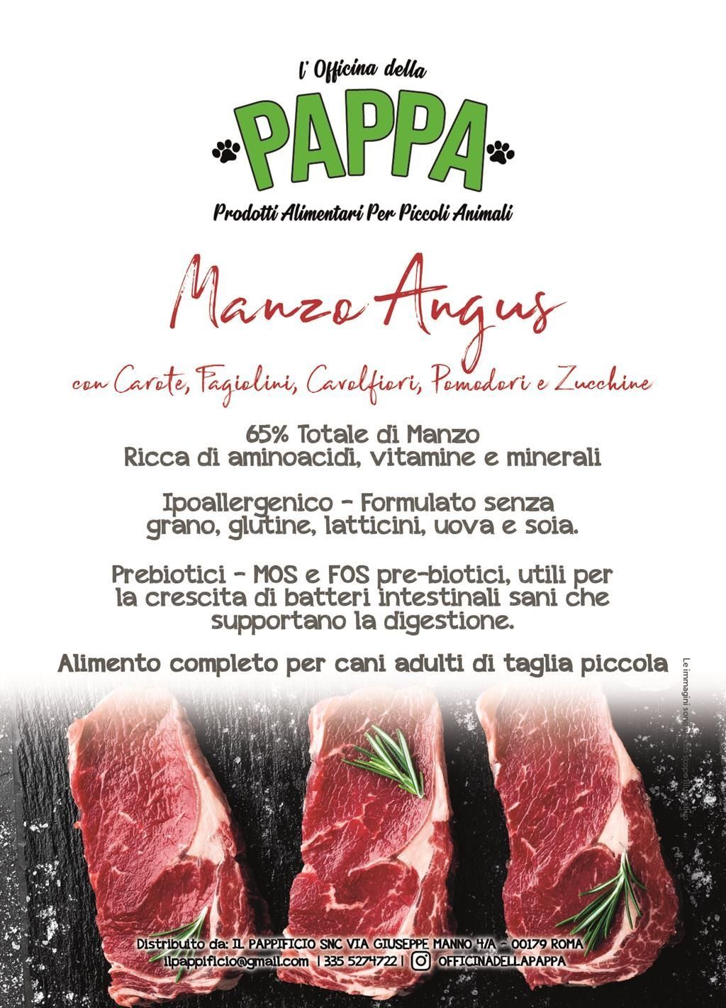 Confezione di cibo per cani con testo su manzo Angus, 3 bistecche.