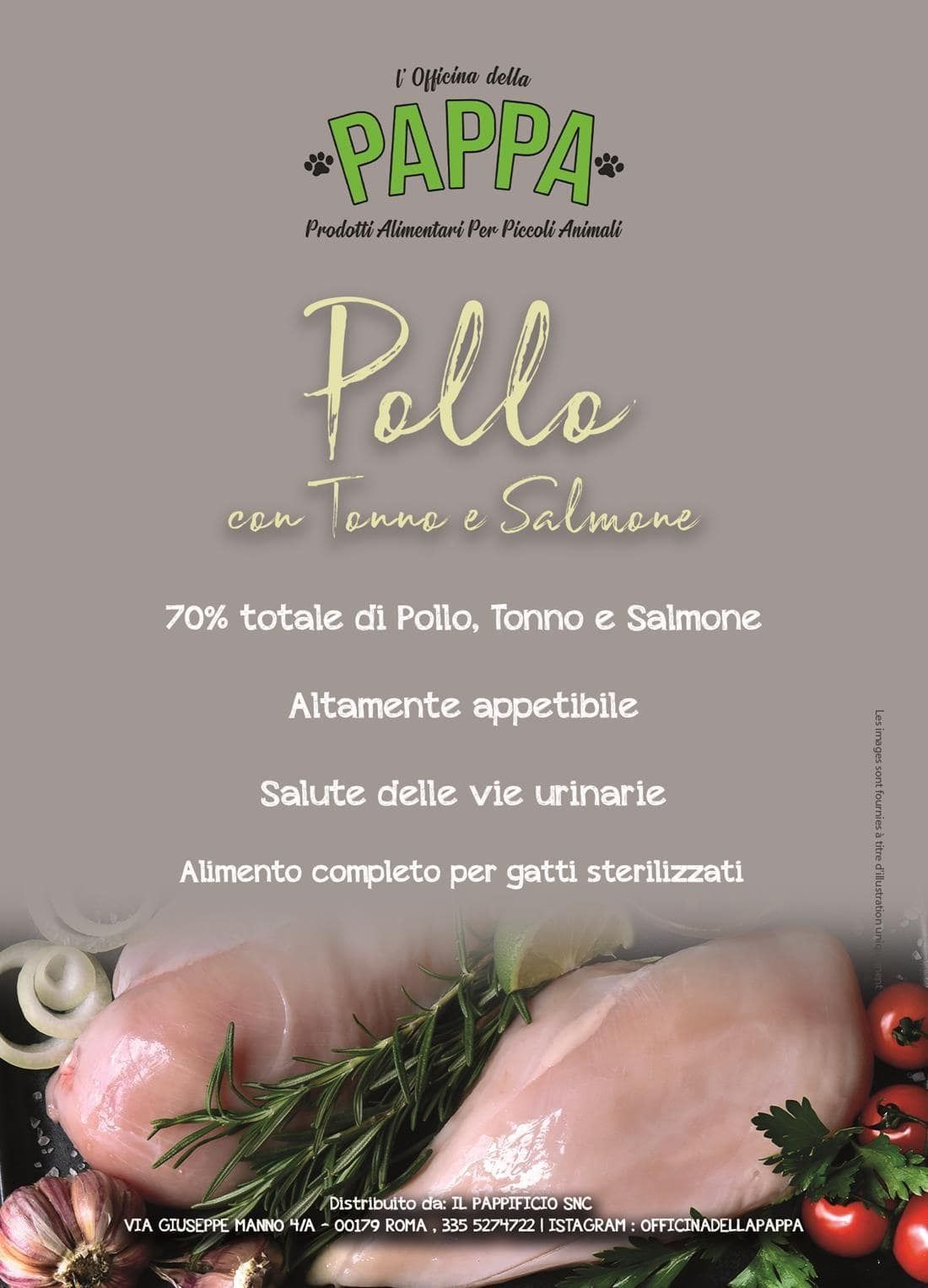 Confezione di cibo per gatti con pollo, tonno e salmone. Con testo e immagine di pollo.