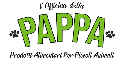 Logo: "L'Officina della PAPPA" in green letters, "Prodotti Alimentari Per Piccoli Animali" below. Paw prints on either side of PAPPA.