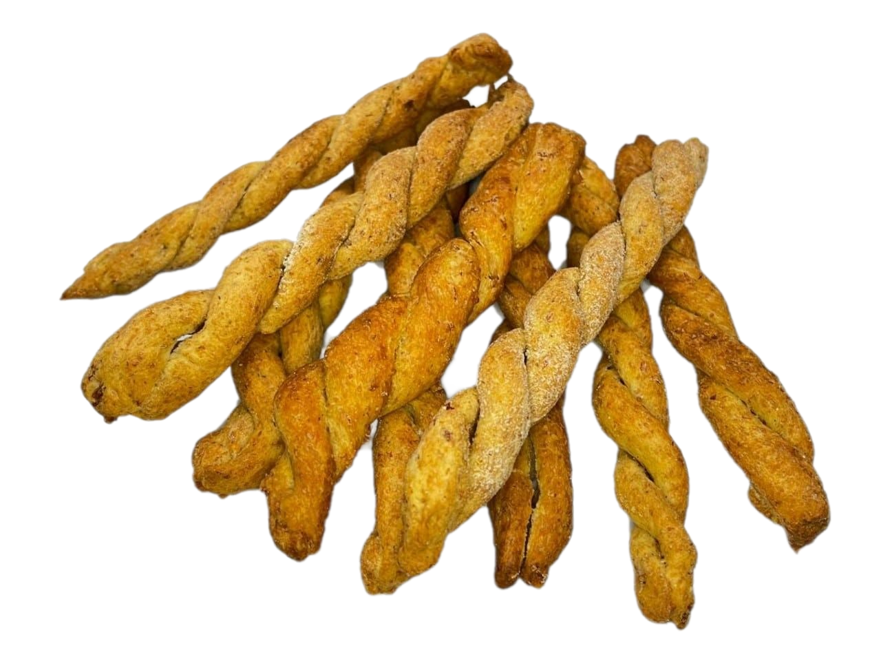 Grissini intrecciati, dorati e strutturati, disposti su uno sfondo bianco.