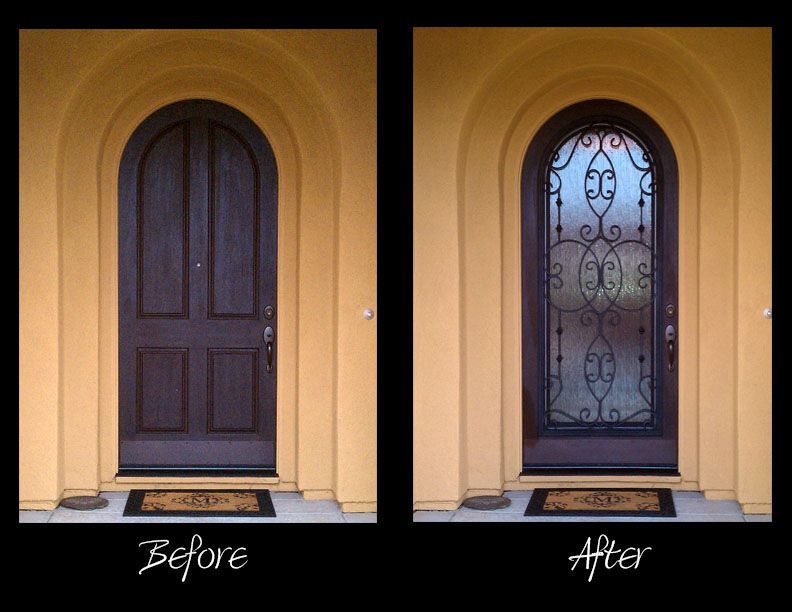 A before and after picture of a front door