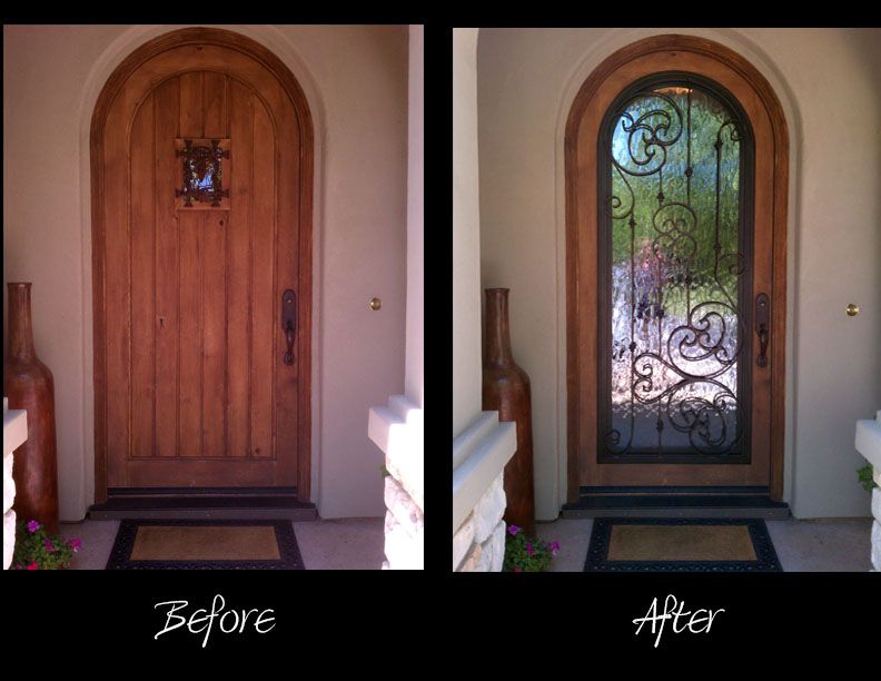 A before and after picture of a wooden door