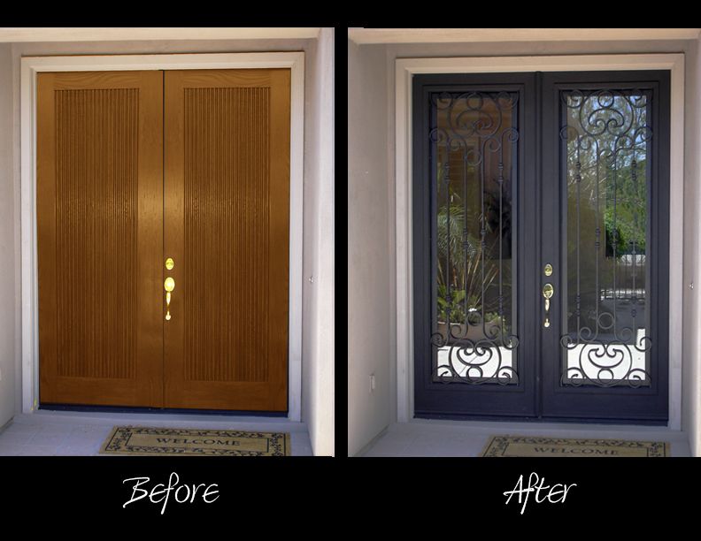 A before and after picture of a front door