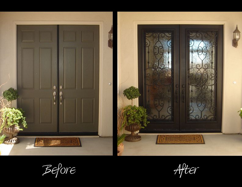 A before and after picture of a front door